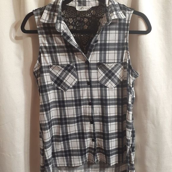Embroidered Lace Back Shirt, Black & White Plaid Sleeveless by M Fasis size S - Picture 1 of 4